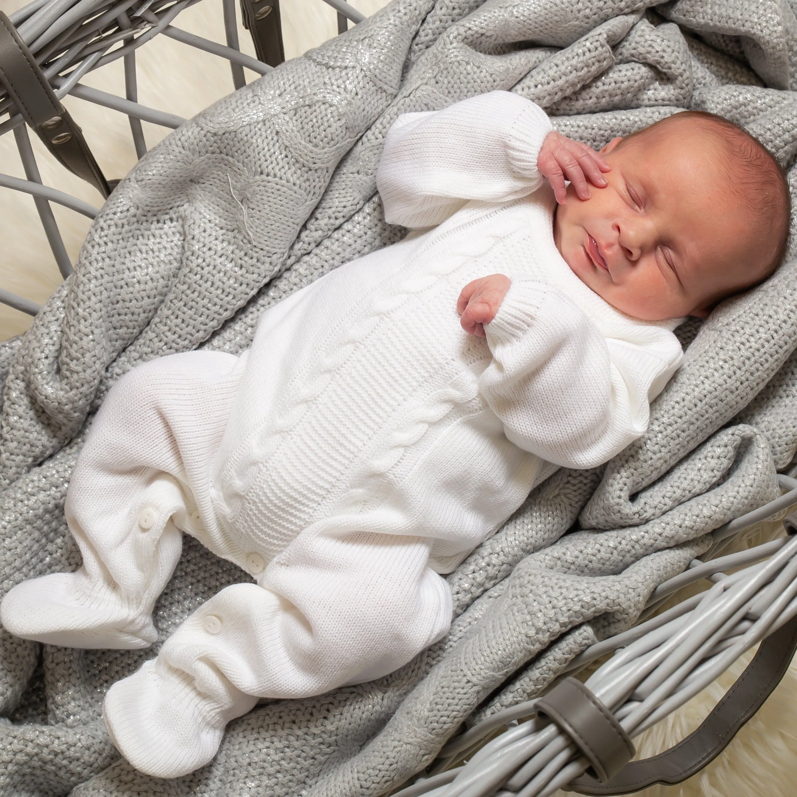 Unisex Cable Knitted White Baby Onesie