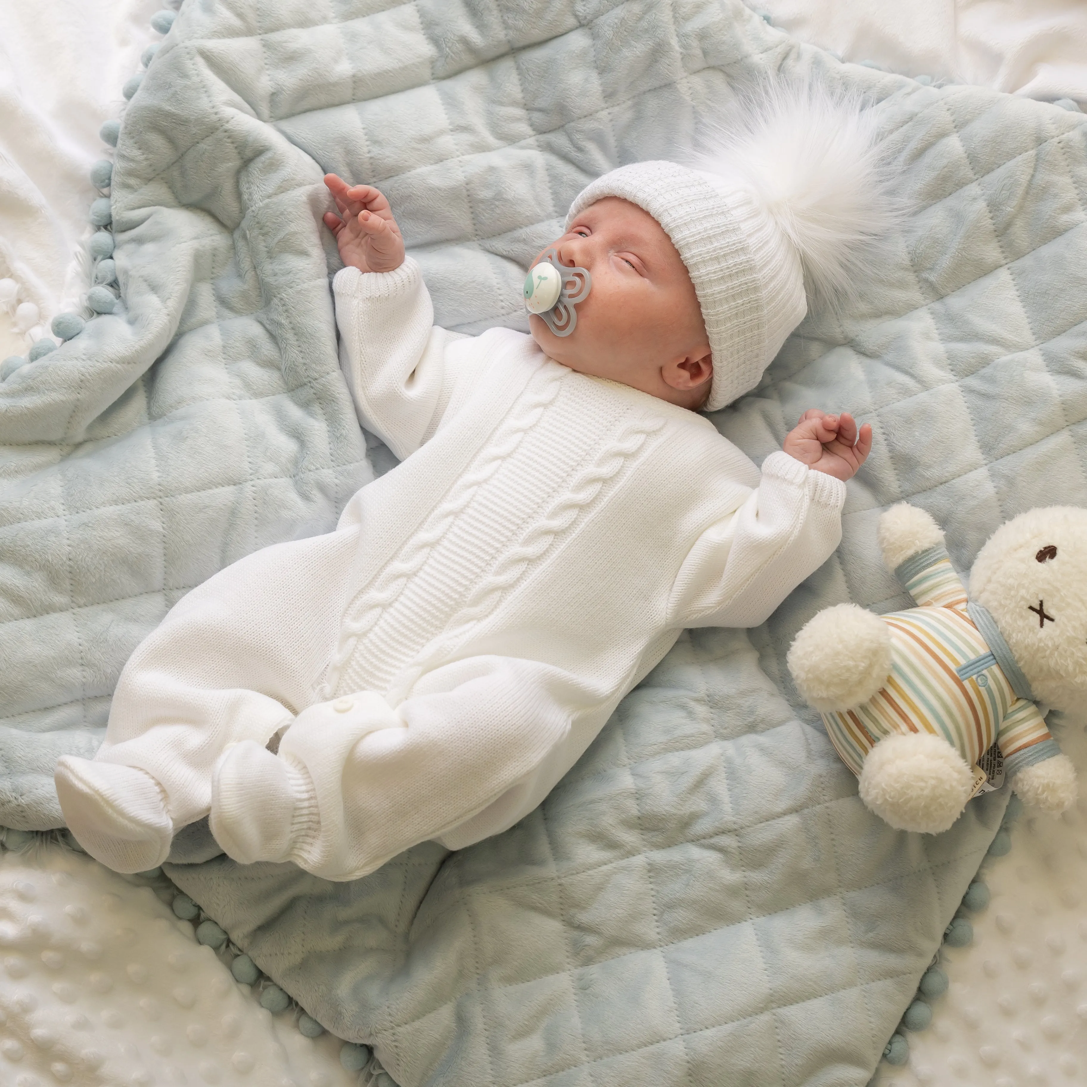 Unisex Cable Knitted White Baby Onesie