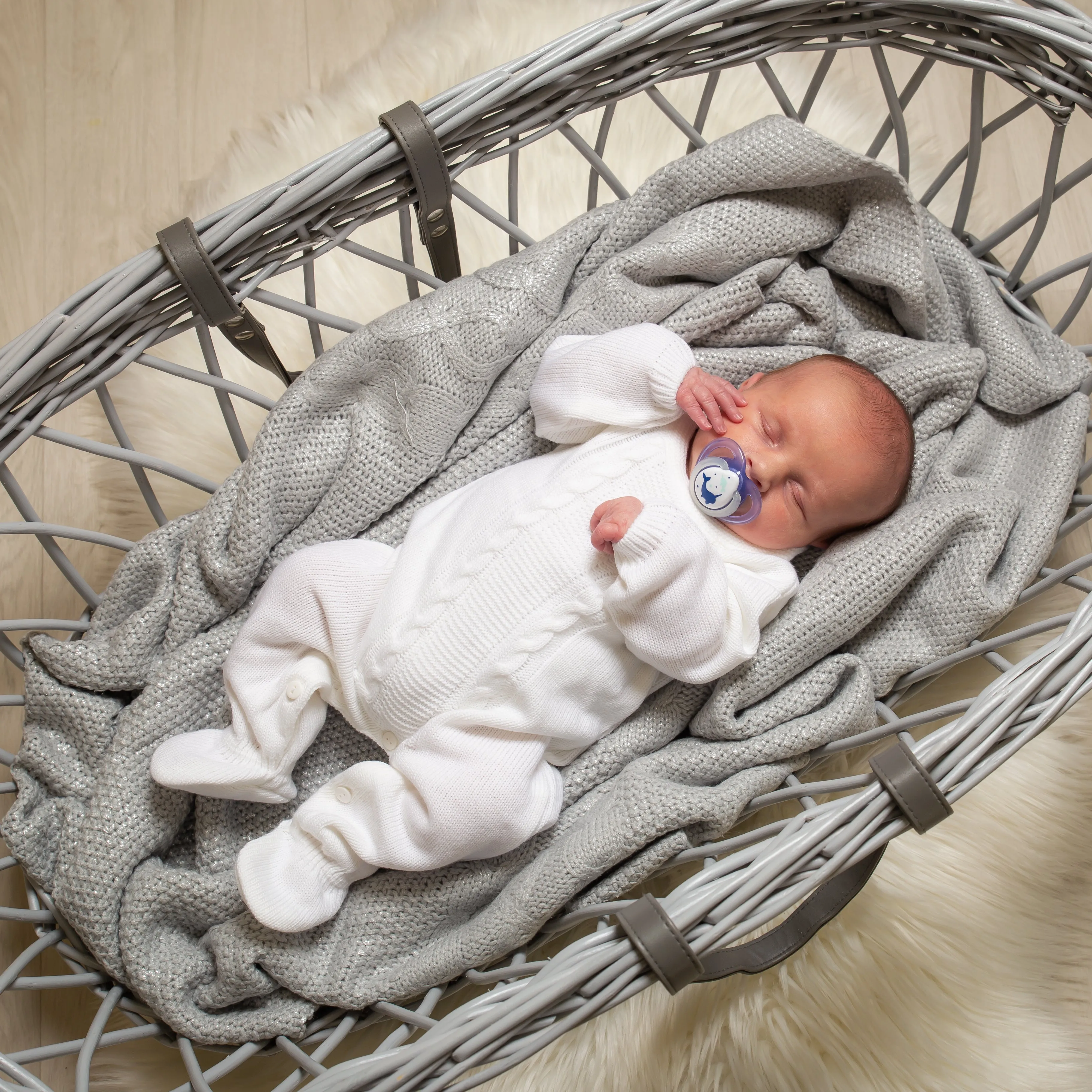 Unisex Cable Knitted White Baby Onesie