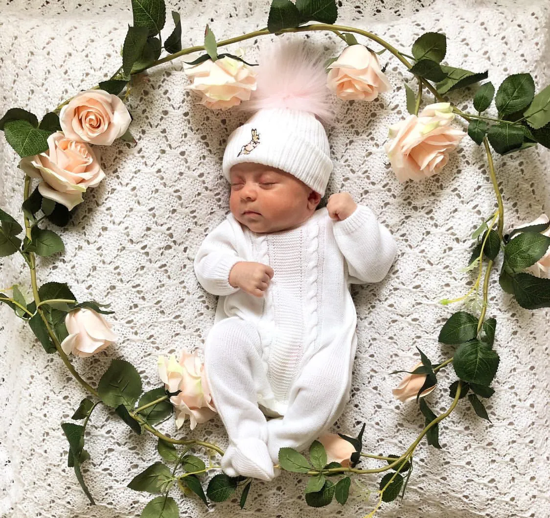 Unisex Cable Knitted White Baby Onesie