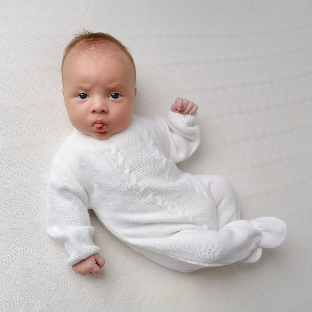 Unisex Cable Knitted White Baby Onesie