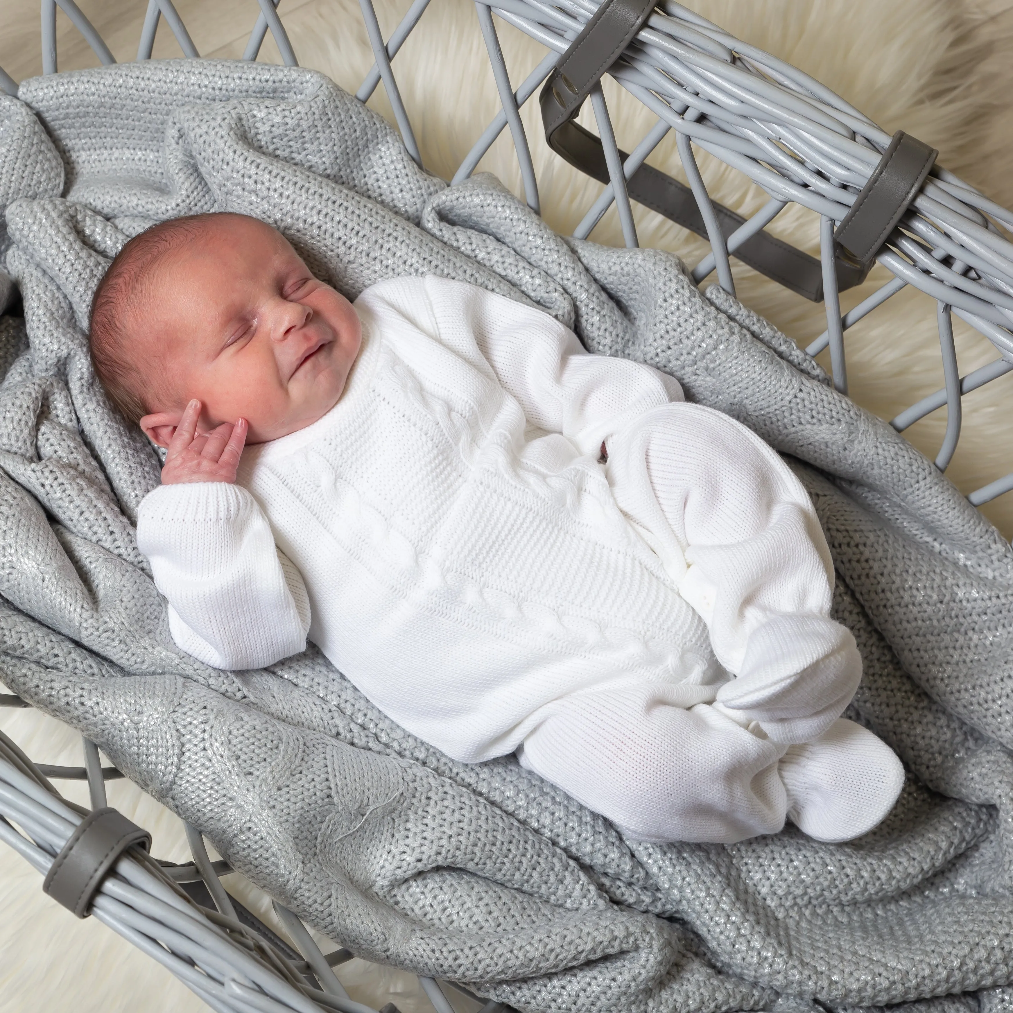 Unisex Cable Knitted White Baby Onesie