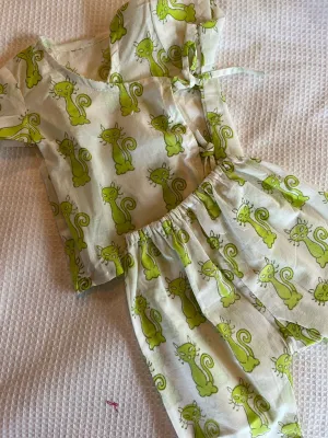 Unisex Newborn Jhabla Set - Green Cat's  (0-4 Months)