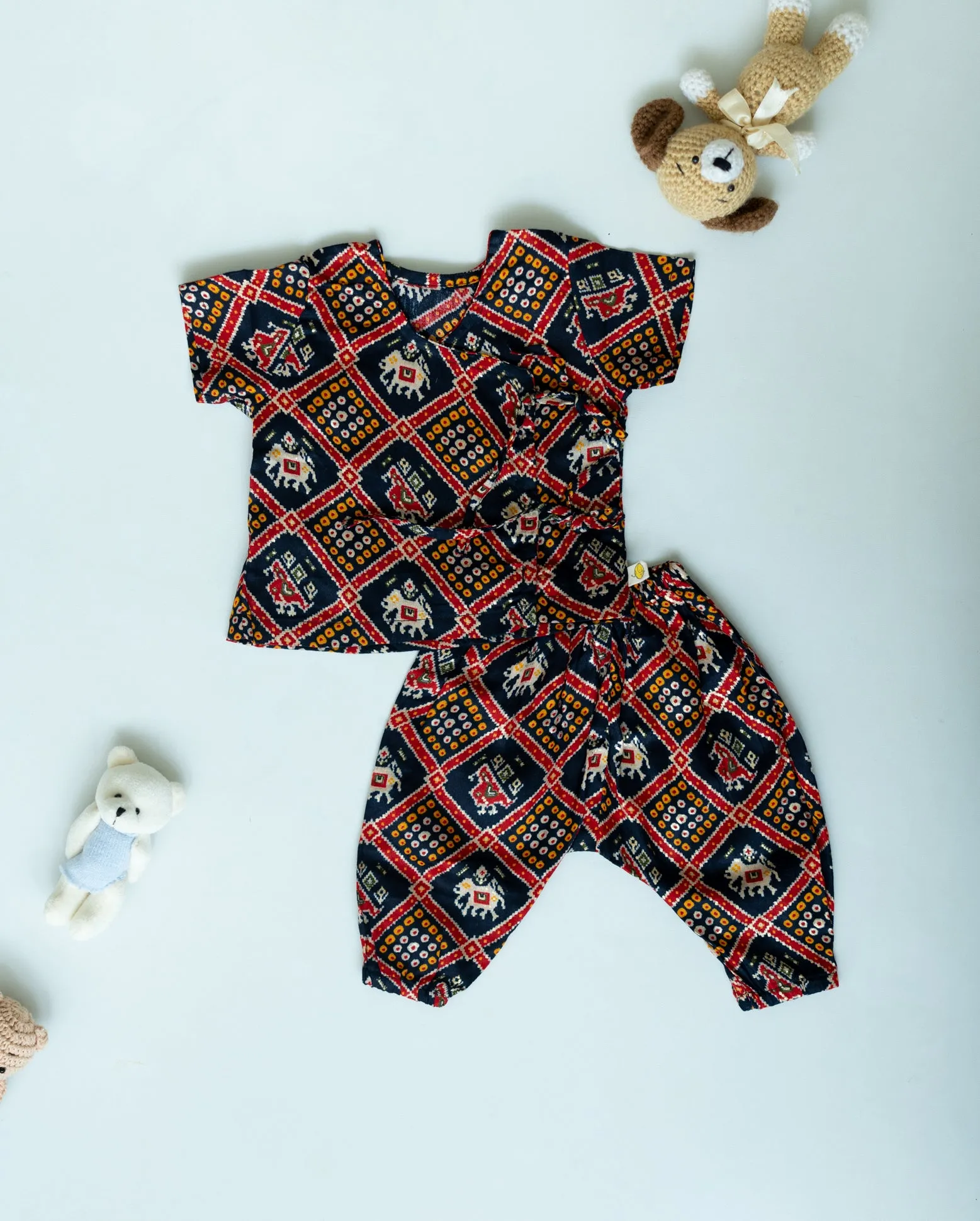 Unisex Newborn Jhabla Set - Navy Patola Glaze Cotton  (0-4 Months)