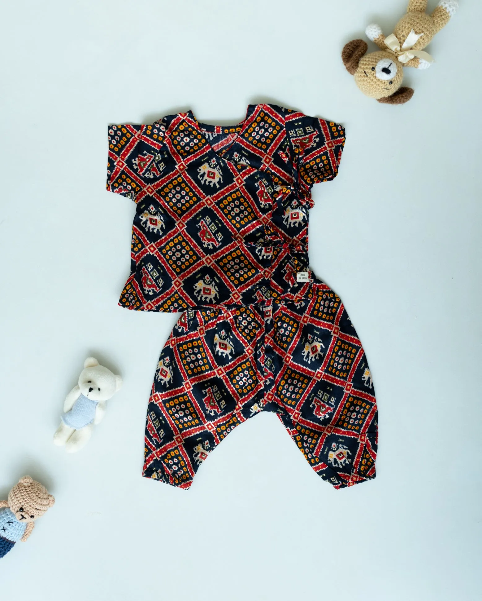 Unisex Newborn Jhabla Set - Navy Patola Glaze Cotton  (0-4 Months)