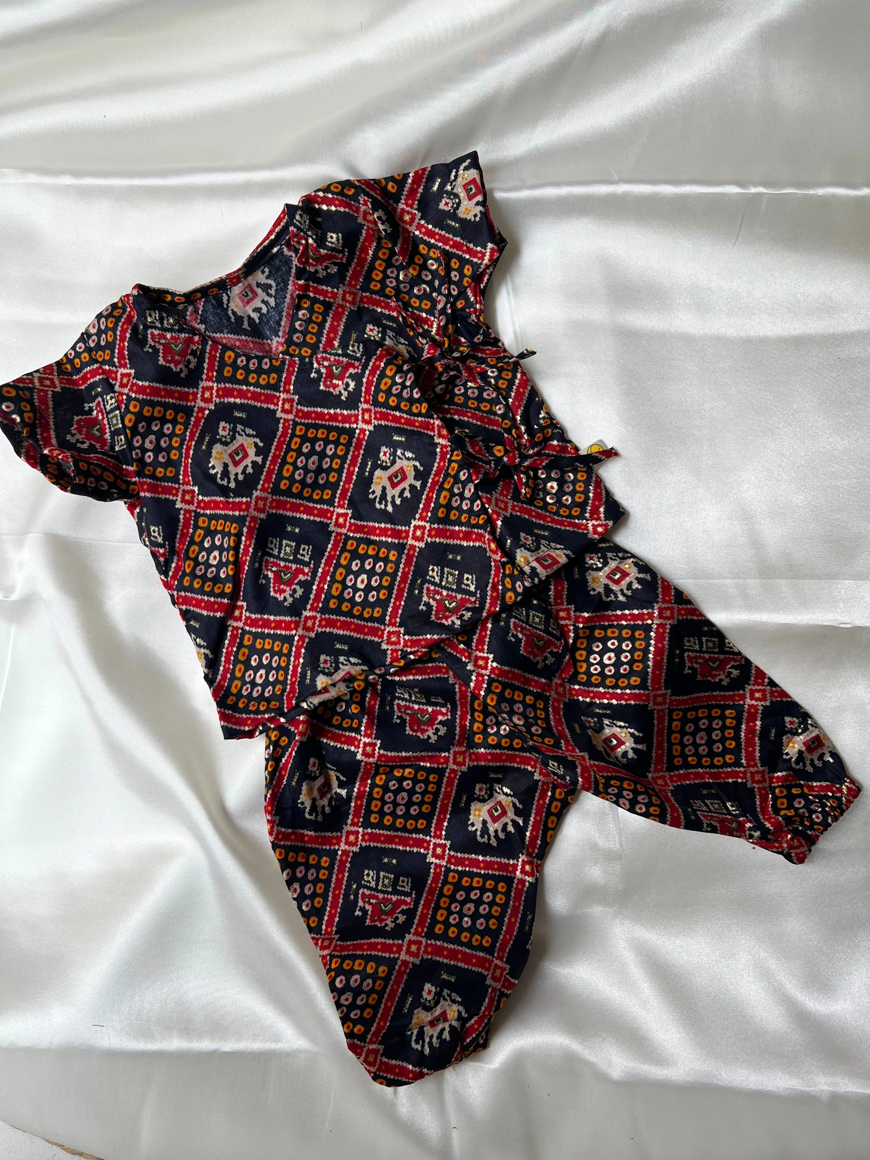 Unisex Newborn Jhabla Set - Navy Patola Glaze Cotton  (0-4 Months)