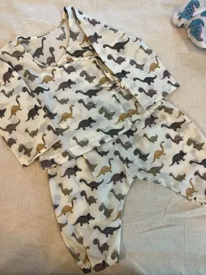 Unisex Newborn Jhabla Set -  Offwhite Grey Dino  (0-4 Months)