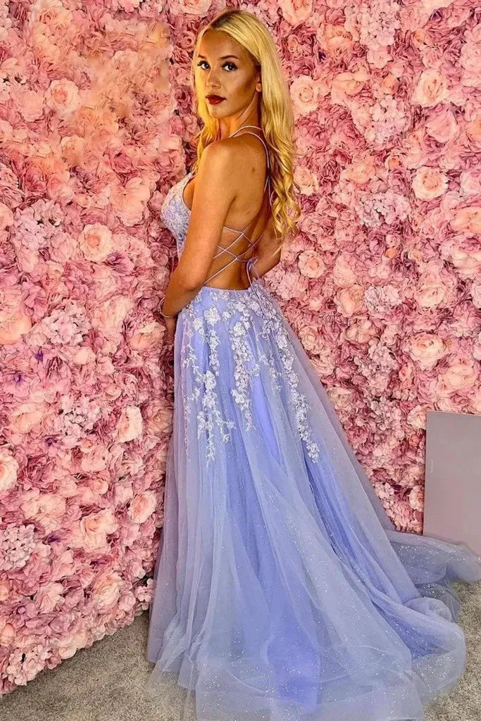 V Neck Backless Blue Tulle Long Prom Dresses with High Slit,  Blue Lace Open Back Formal Evening Dresses
