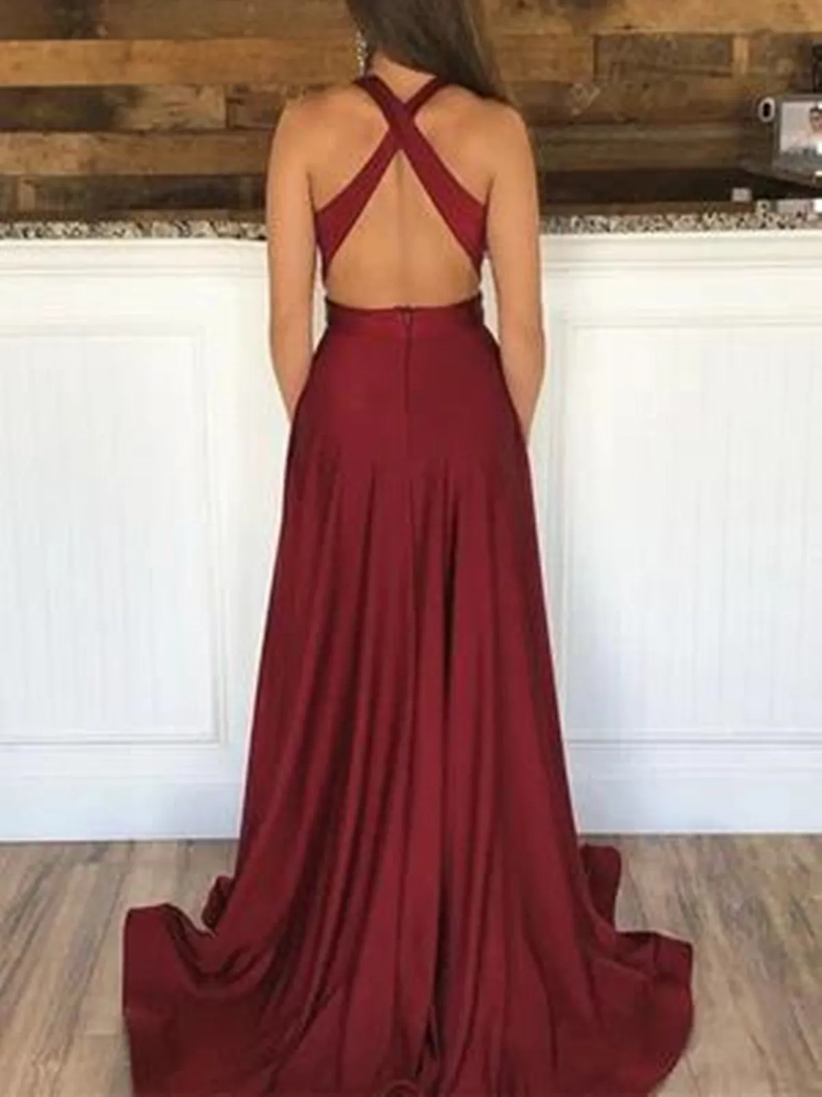 V Neck Backless Burgundy Prom Dresses With Leg Slit, Wine Red Backless V Neck Formal Evening Graduation Dresses