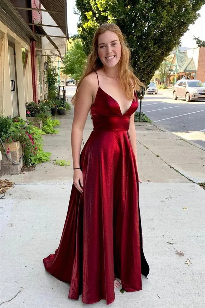 V Neck Backless Burgundy Satin Long Prom Dresses, Backless Burgundy Formal Graduation Evening Dresses