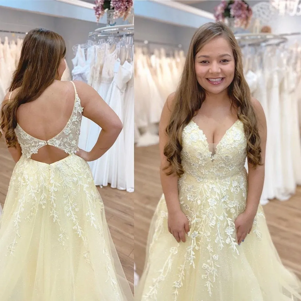 V Neck Backless Yellow Lace Long Prom Dress, Yellow Lace Formal Dress, Yellow Evening Dress