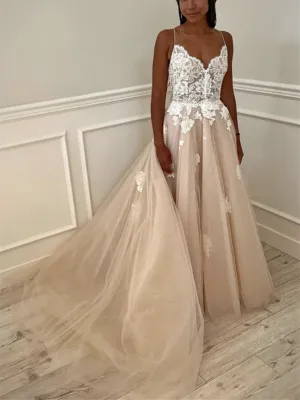 V Neck Champagne Tulle Lace Long Prom Dresses, V Neck Champagne Tulle Lace Long Formal Evening Dresses