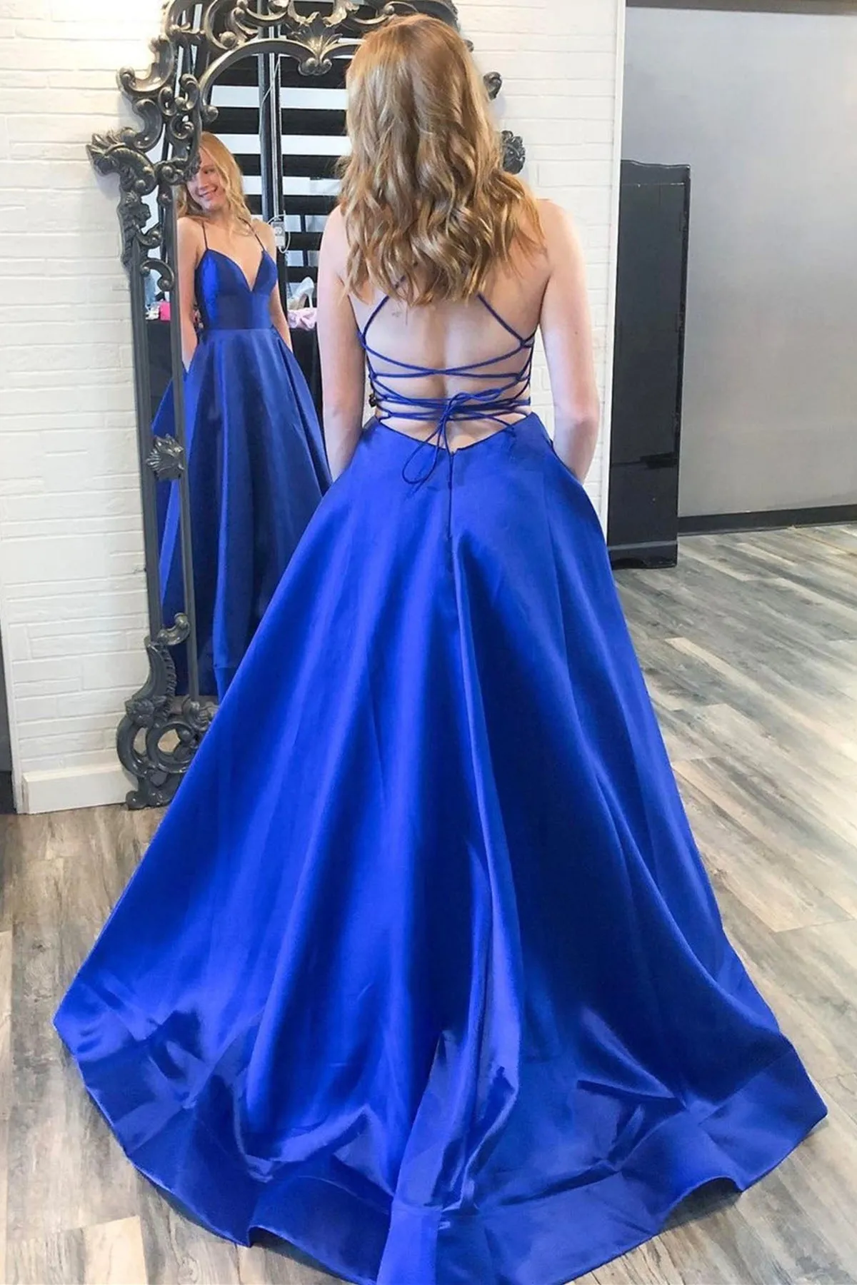 V Neck Cross Back Royal Blue Satin Long Prom Dress, Backless Royal Blue Formal Graduation Evening Dress A1504