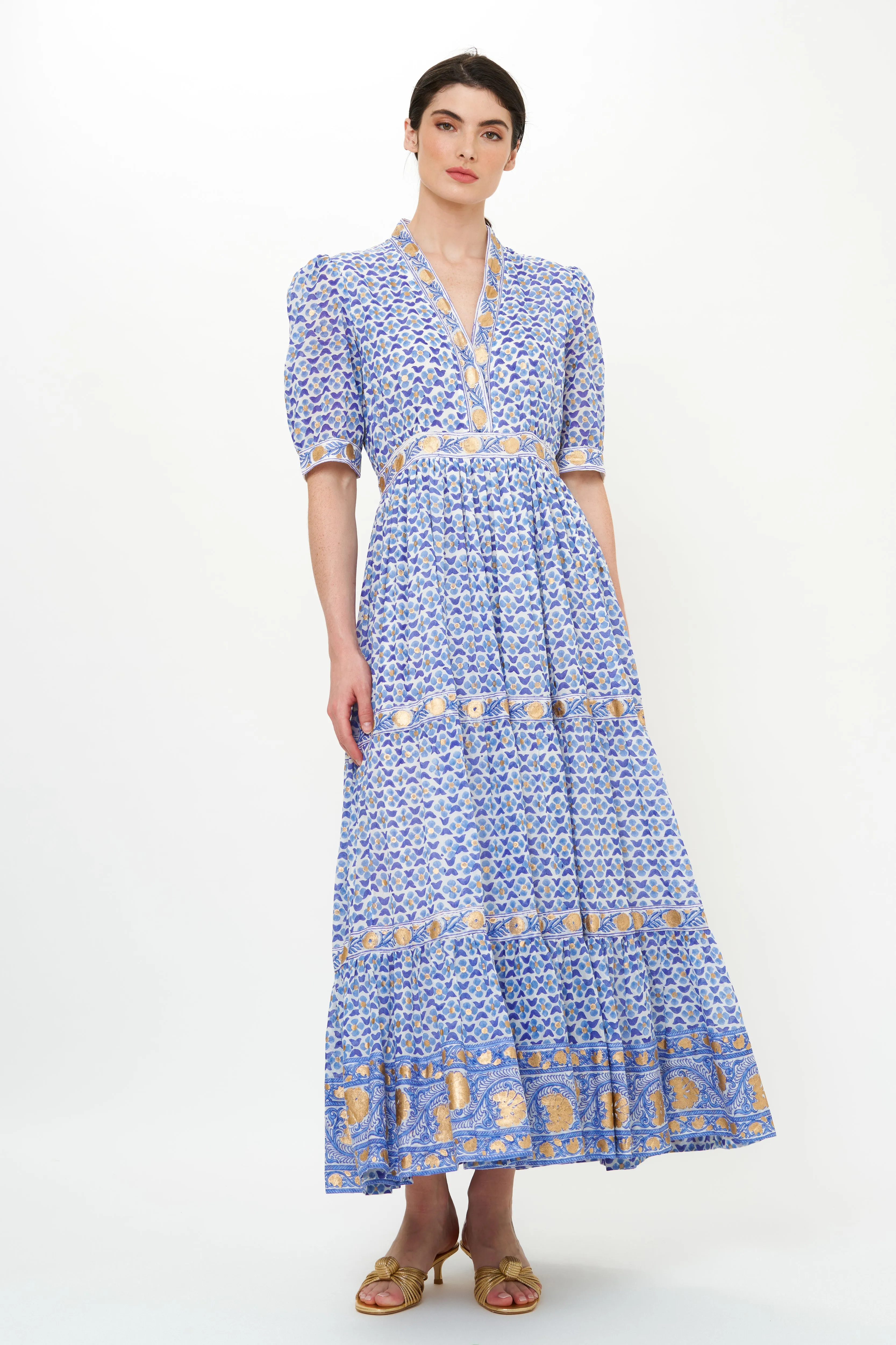 V-Neck Cuffed Maxi- Veranda Blue