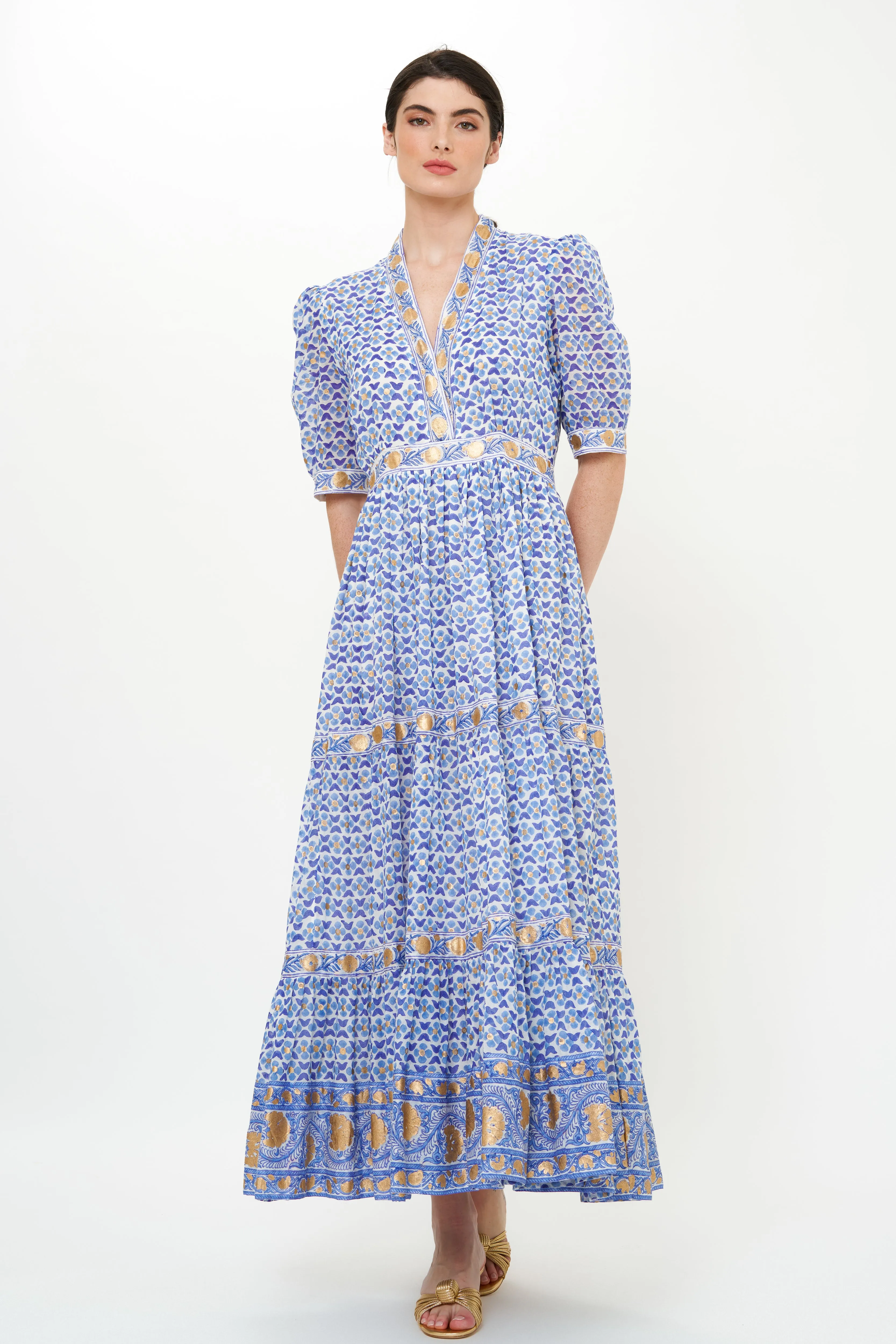V-Neck Cuffed Maxi- Veranda Blue