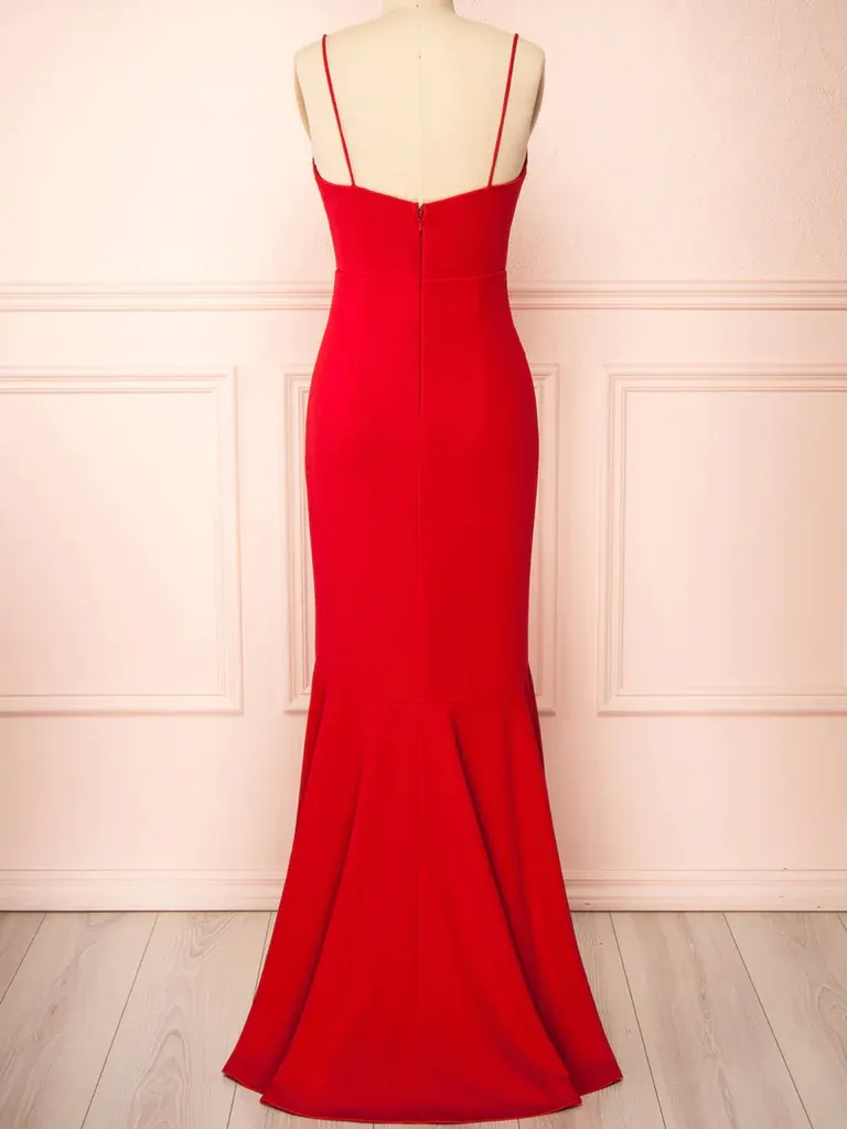 V Neck Mermaid Red Long Prom Dresses, Mermaid Red Long Formal Evening Dresses
