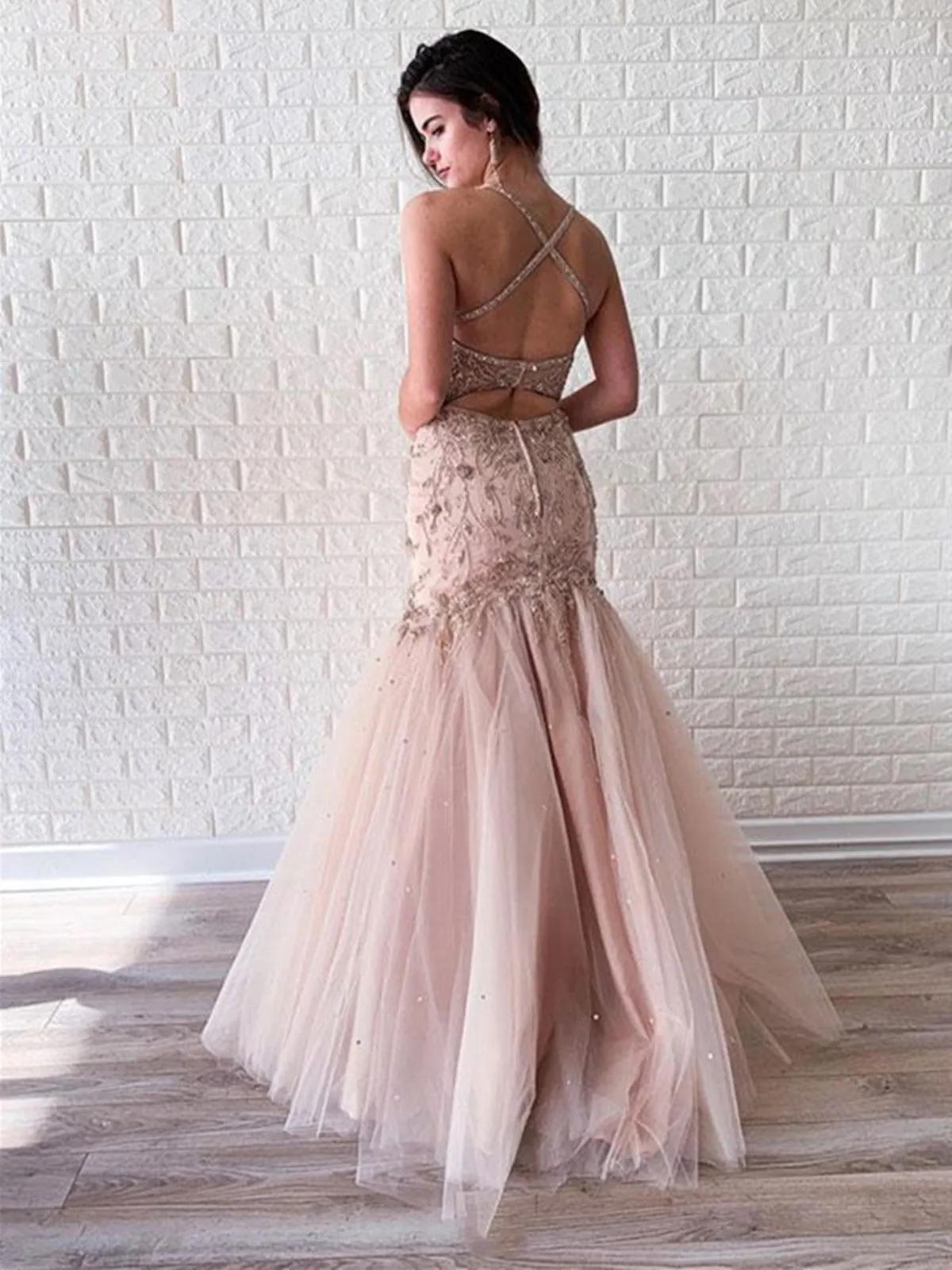 V Neck Mermaid Tulle Beaded Long Prom Dress, Mermaid Tulle Beaded Formal Evening Dress