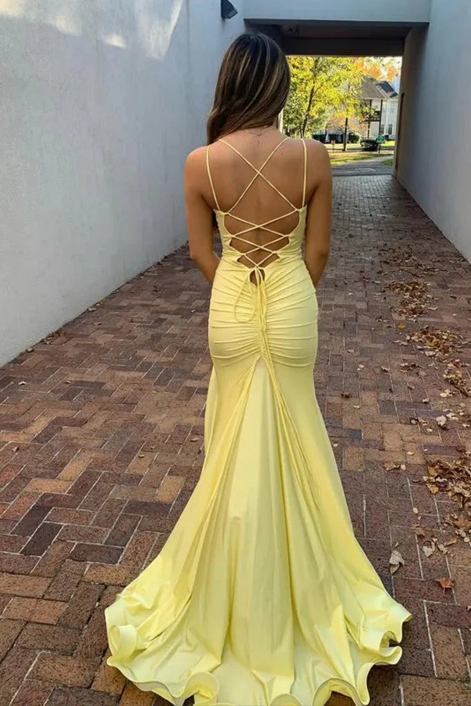 V Neck Mermaid Yellow Satin Long Prom Dresses with Leg Slit, Mermaid Yellow Formal Graduation Evening Dresses