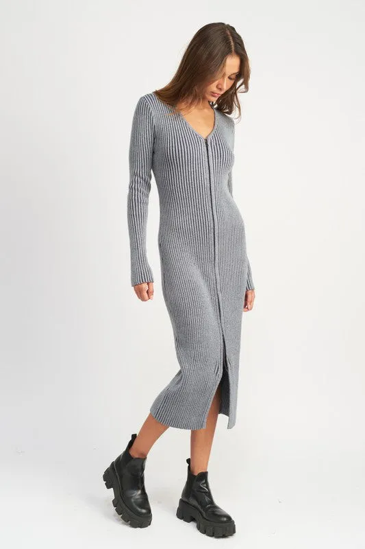 V NECK MIDI DRESS WITH TWO WAY ZIPPER