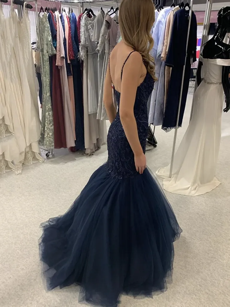 V Neck Navy Blue Mermaid Lace Prom Dresses, Lace Mermaid Long Dark Navy Blue Formal Evening Dresses