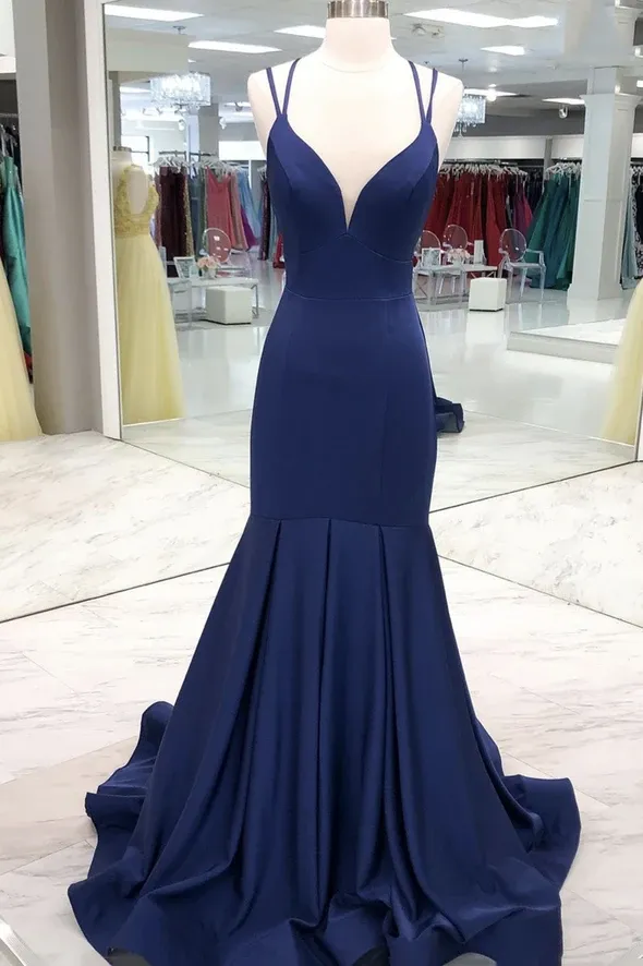 V Neck Navy Blue Mermaid Satin Long Prom Dresses, Mermaid Blue Satin Long Formal Evening Dresses