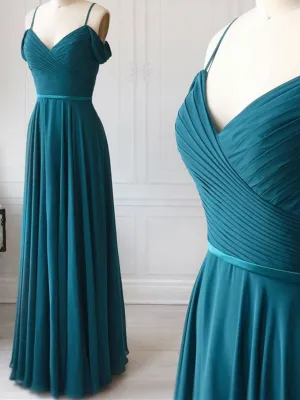 V Neck Off Shoulder Blue Long Prom Dress , Off The Shoulder Blue Bridesmaid Formal Evening Dresses