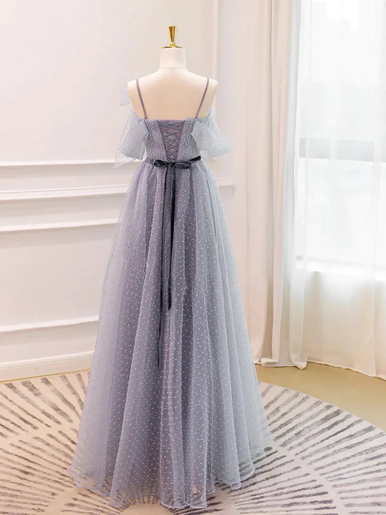 V Neck Open Back Gray Tulle Long Prom Dresses, Long Gray Formal Graduation Evening Dresses