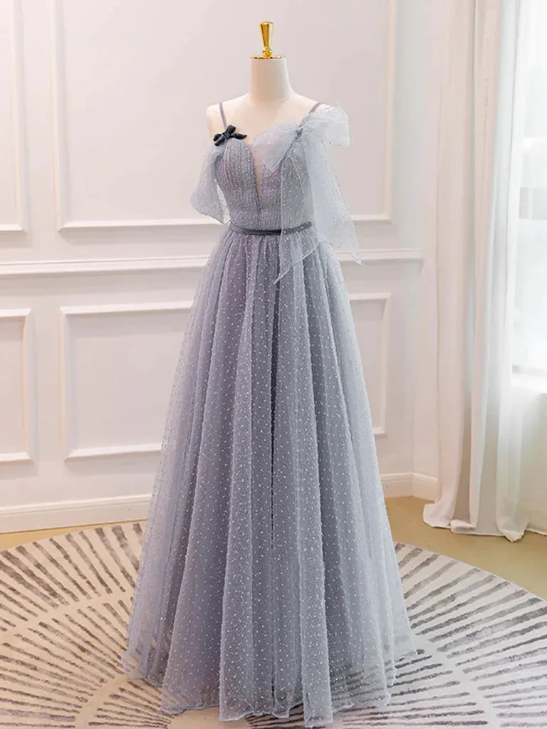 V Neck Open Back Gray Tulle Long Prom Dresses, Long Gray Formal Graduation Evening Dresses