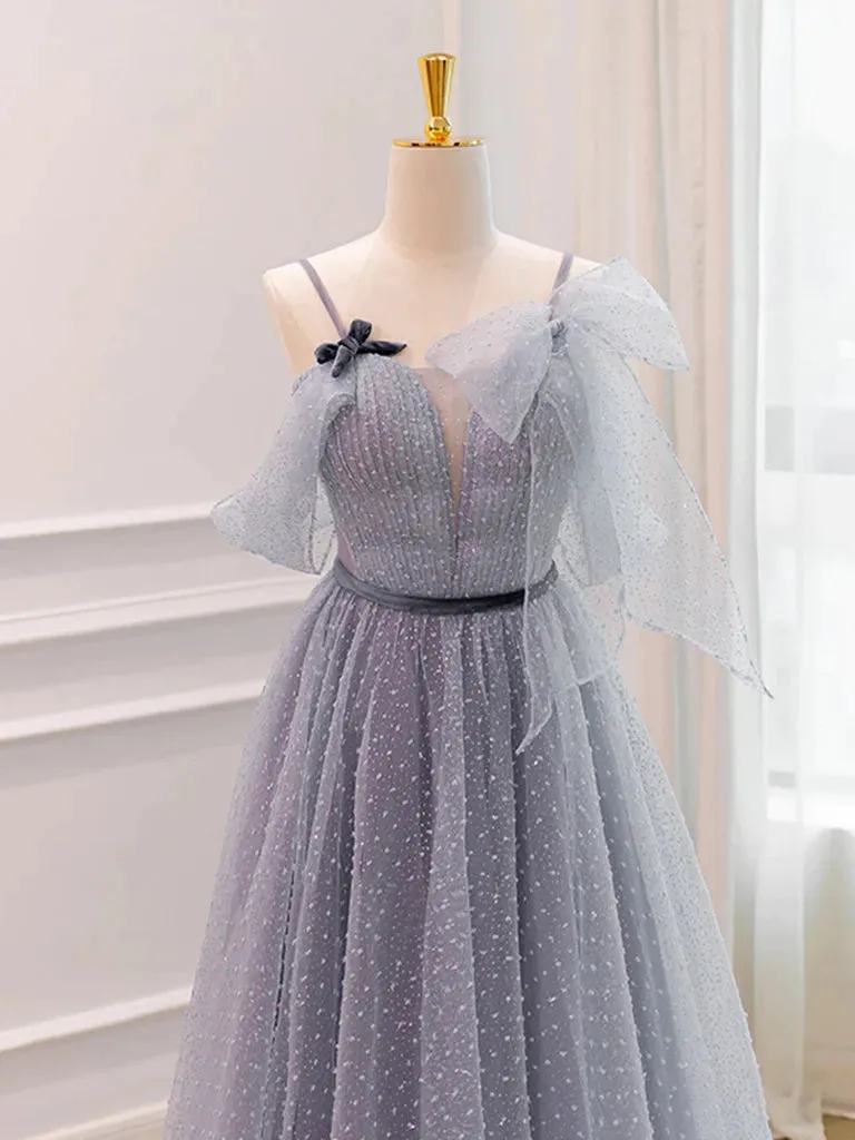 V Neck Open Back Gray Tulle Long Prom Dresses, Long Gray Formal Graduation Evening Dresses