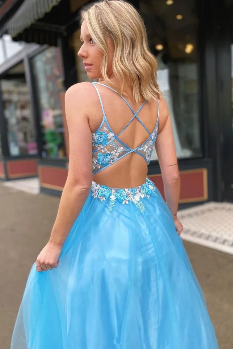 V Neck Open Back Lace Appliques Blue Long Prom Dress, Open Back Lace Floral Blue Formal Graduation Evening Dress