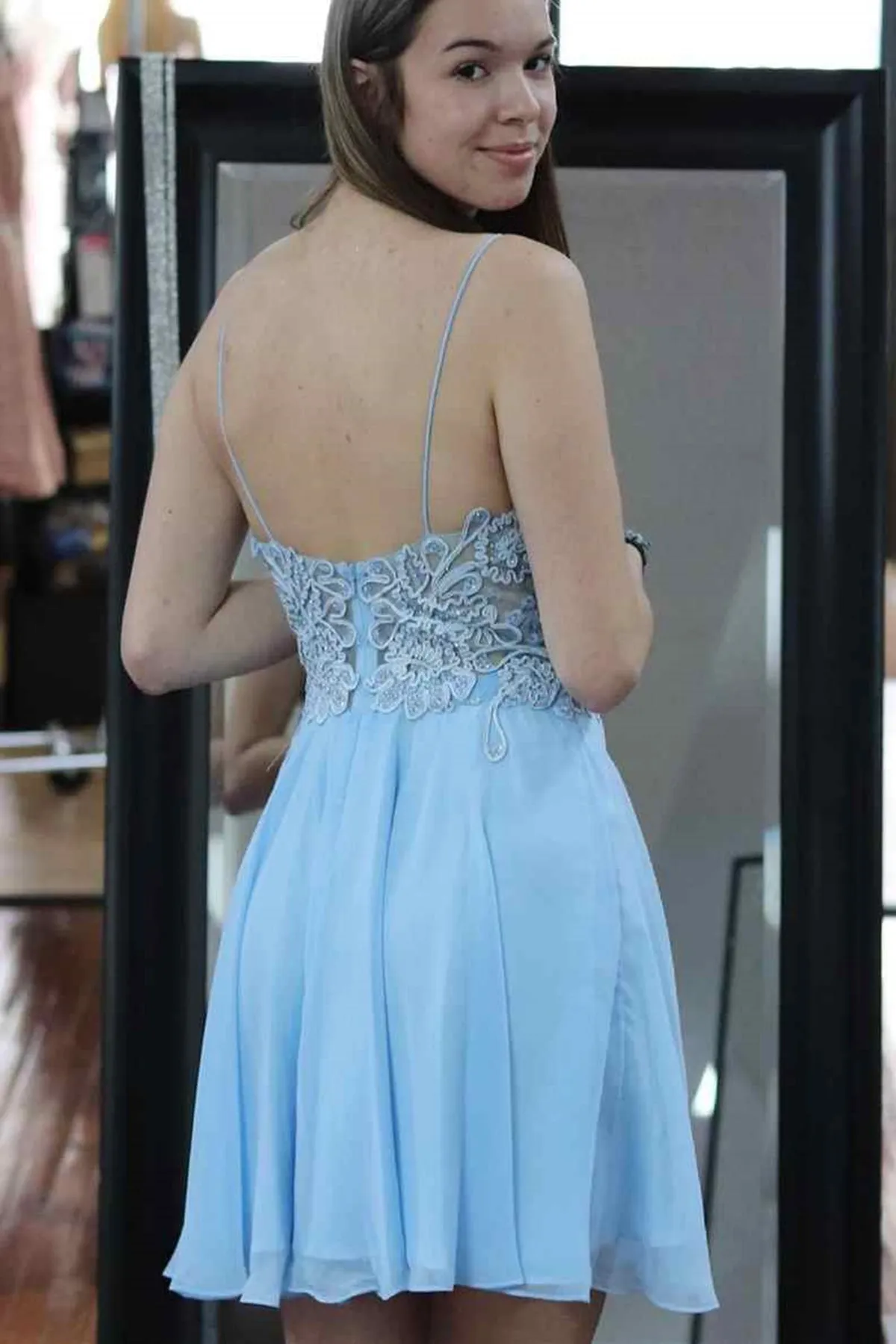 V Neck Open Back Light Blue Lace Short Prom Homecoming Dresses, Light Blue Lace Formal Graduation Evening Dress A1624