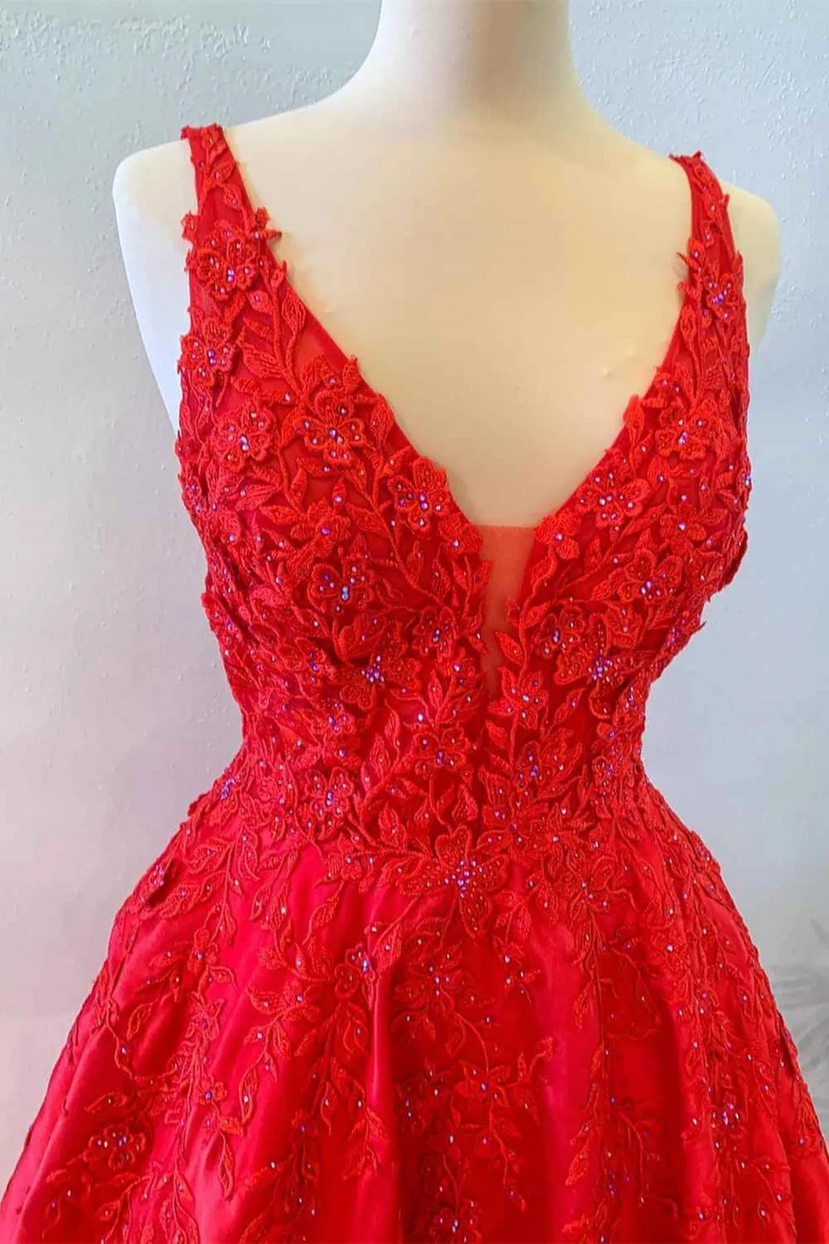 V Neck Open Back Red Lace Long Prom Dress, Red Lace Formal Dress, Beaded Red Evening Dress A1773