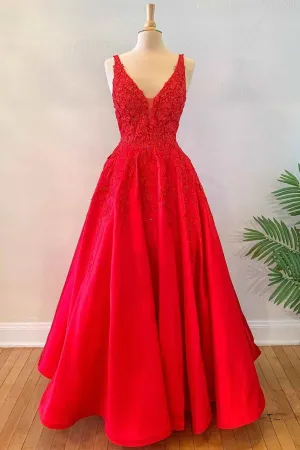 V Neck Open Back Red Lace Long Prom Dress, Red Lace Formal Dress, Beaded Red Evening Dress A1773