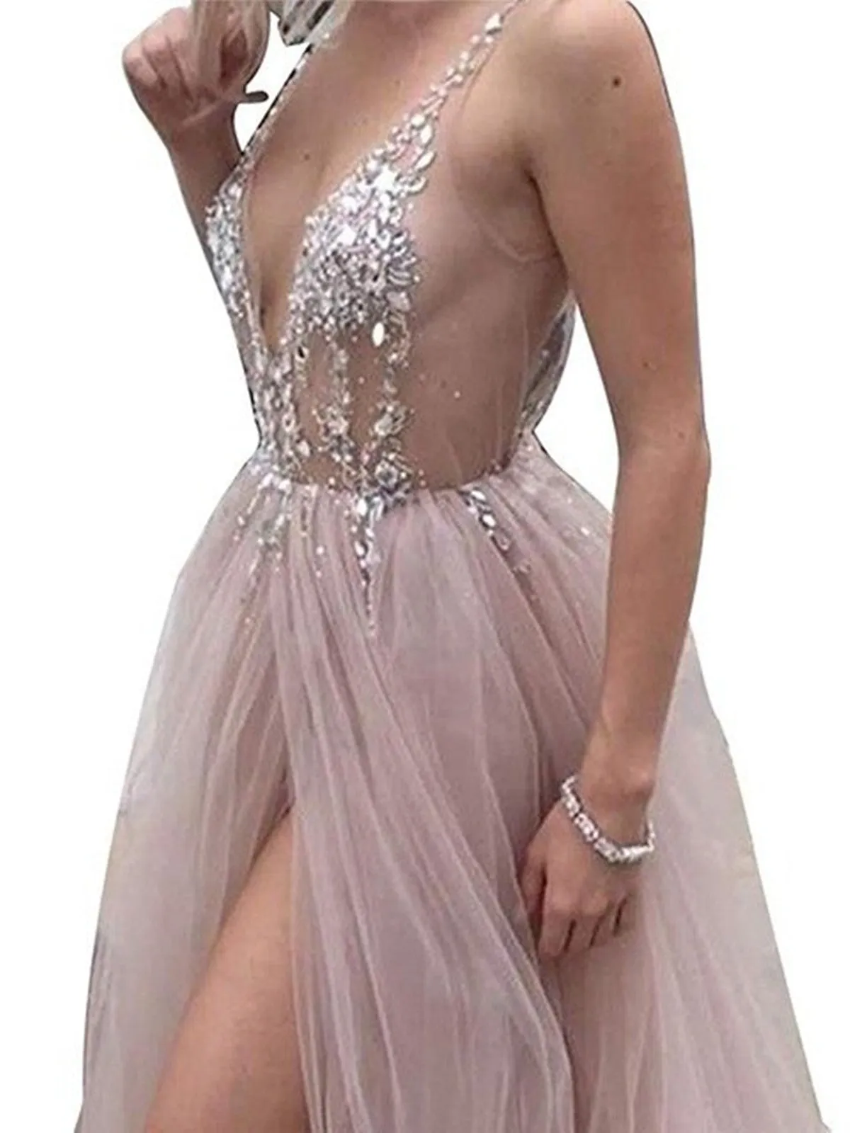 V neck pink backless beaded tulle long prom dress with high leg slit, pink backless beaded tulle evening dress