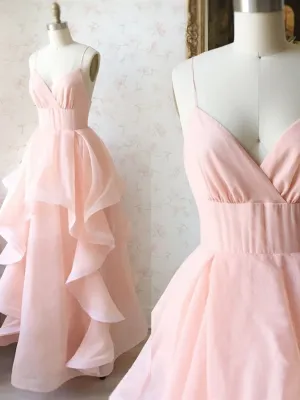 V Neck Pink Long Prom Dresses, V Neck Pink Long Formal Evening Dresses