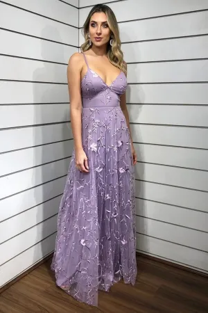 V Neck Purple Lace Floral Long Prom Dress, Purple Lace Formal Dress, Purple Evening Dress