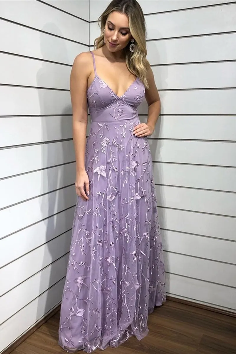 V Neck Purple Lace Floral Long Prom Dress, Purple Lace Formal Dress, Purple Evening Dress