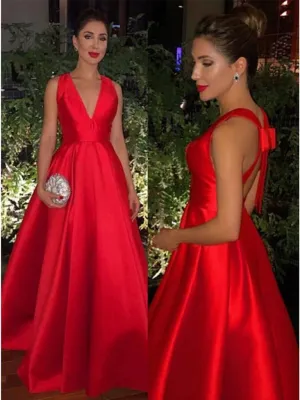 V Neck Red Long Prom Dress with Cross Back, V Neck Red Evening Dresses Graduation Dresses