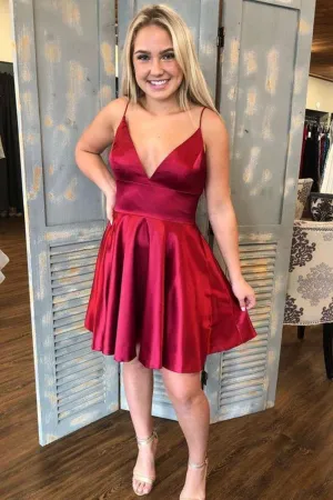 V Neck Short Burgundy Satin Prom Dress, V Neck Burgundy Homecoming Dress, Burgundy Short Formal Evening Dress A1288