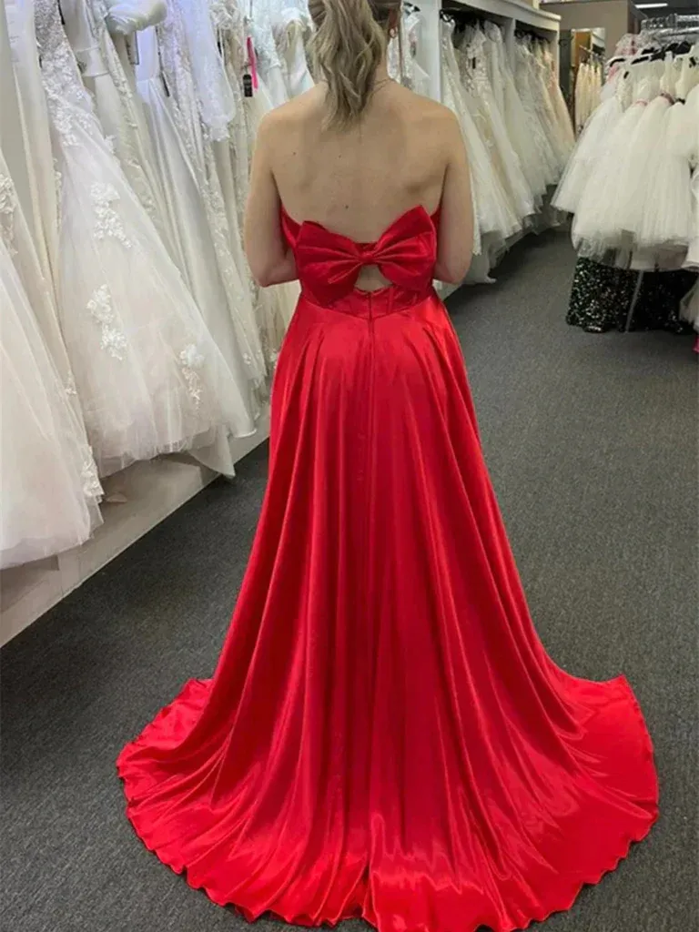 V Neck Strapless Red Long Prom Dresses, Strapless Red V Neck Long Formal Evening Dresses