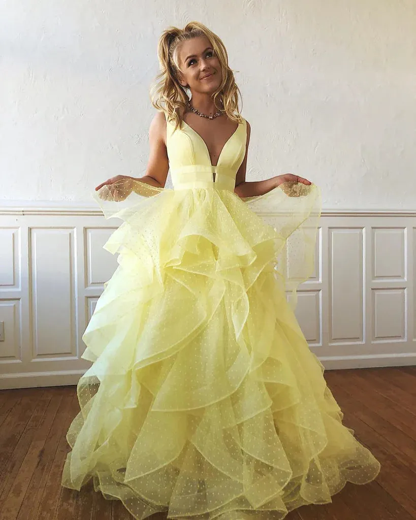 V Neck Yellow Prom Gown, V Neck Yellow Prom Dresses Formal Graduation Dresses