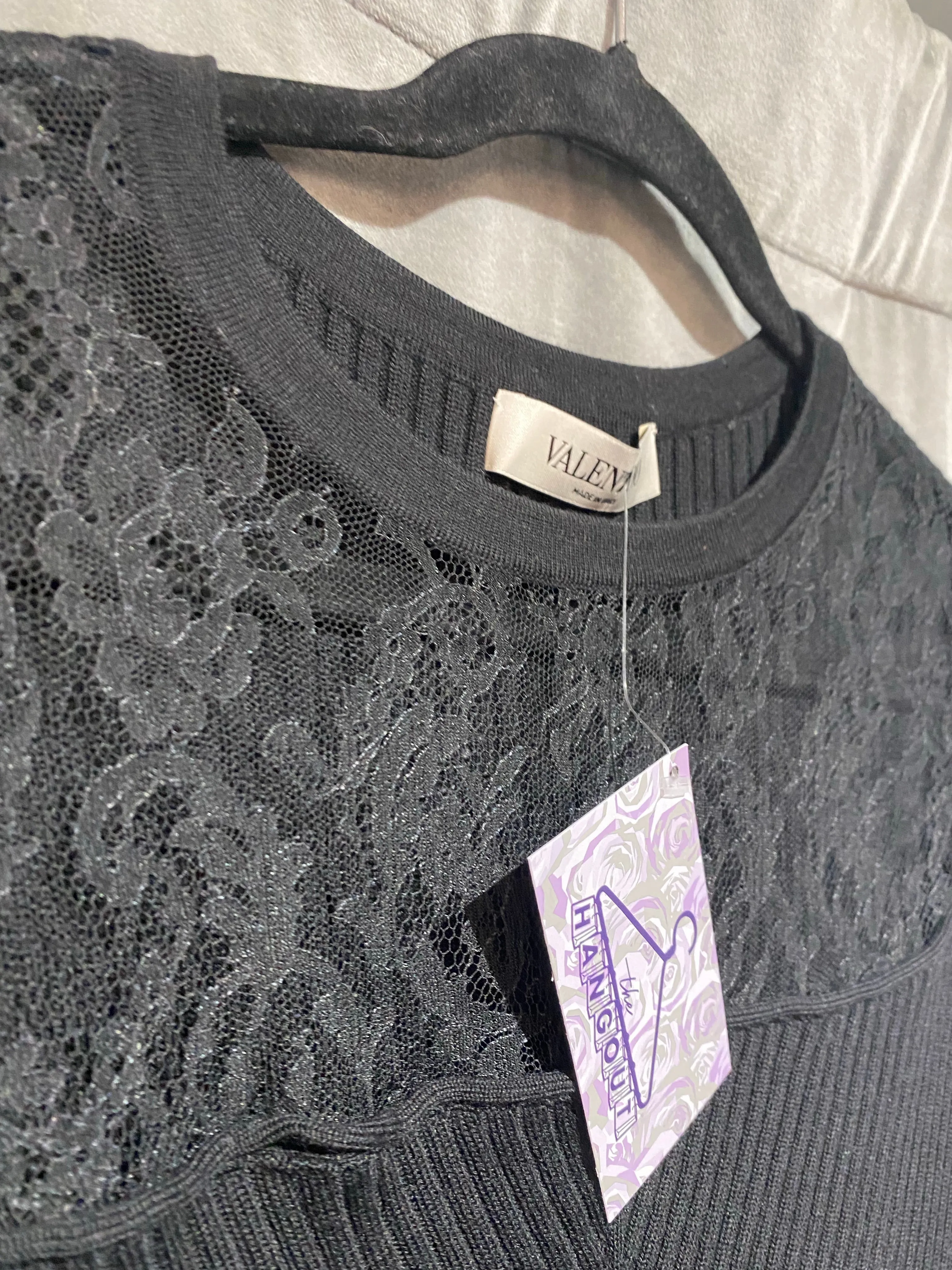 Valentino Black Wool Long Sleeve Ribbed and Lace Dress