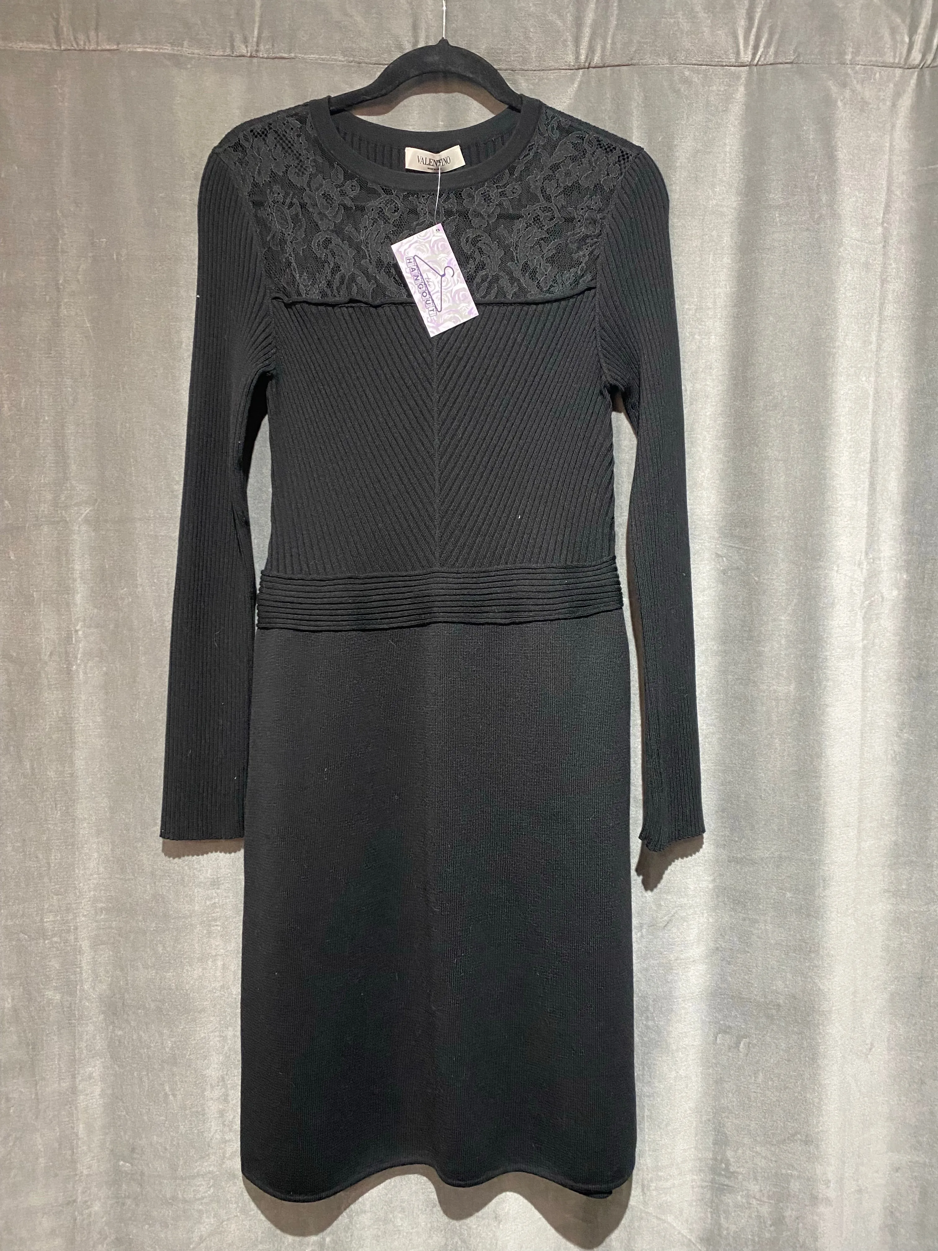 Valentino Black Wool Long Sleeve Ribbed and Lace Dress