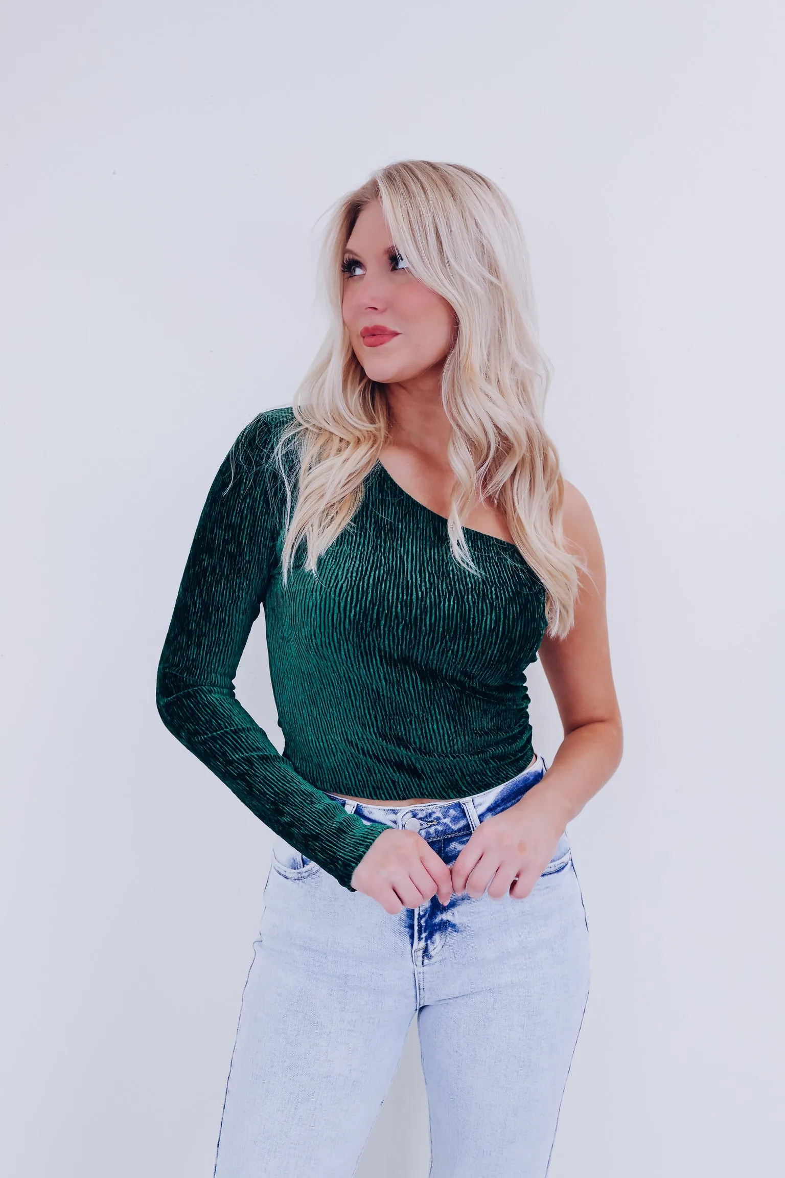 Valiant Velvety One Shoulder Top- Green