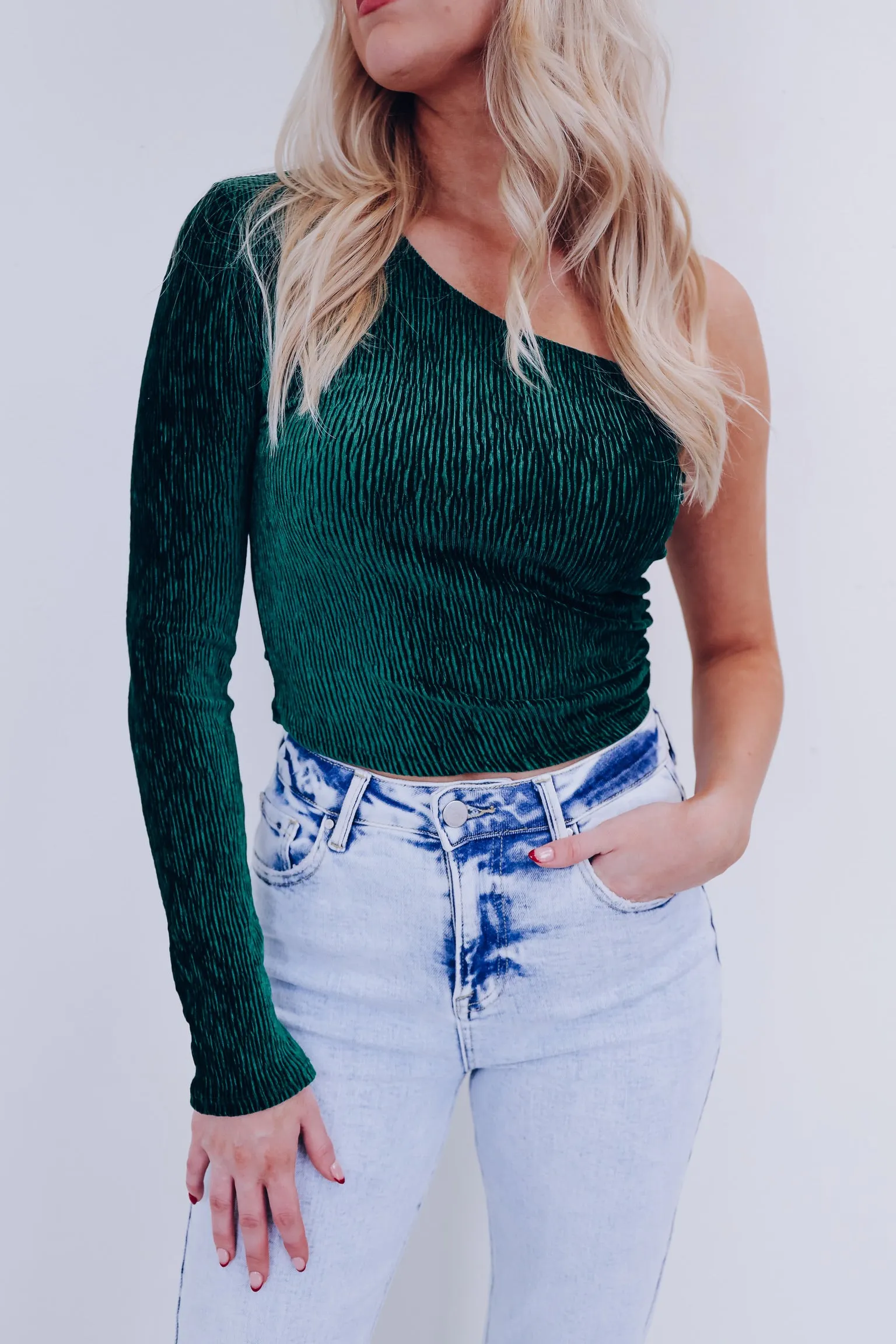 Valiant Velvety One Shoulder Top- Green