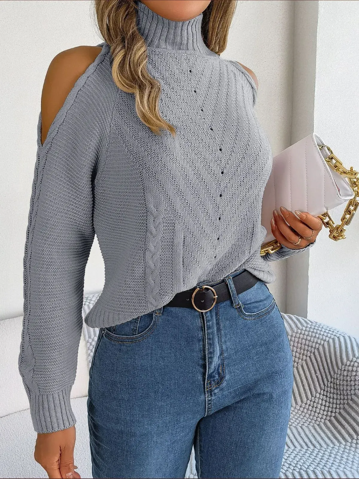Vogue Vibes Cold-Shoulder Turtleneck Sweater