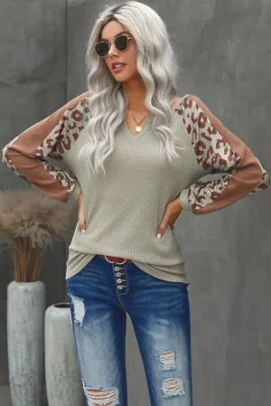 Waffle Knit Pullover with Leopard Detail in Mocha - Limited Quantities