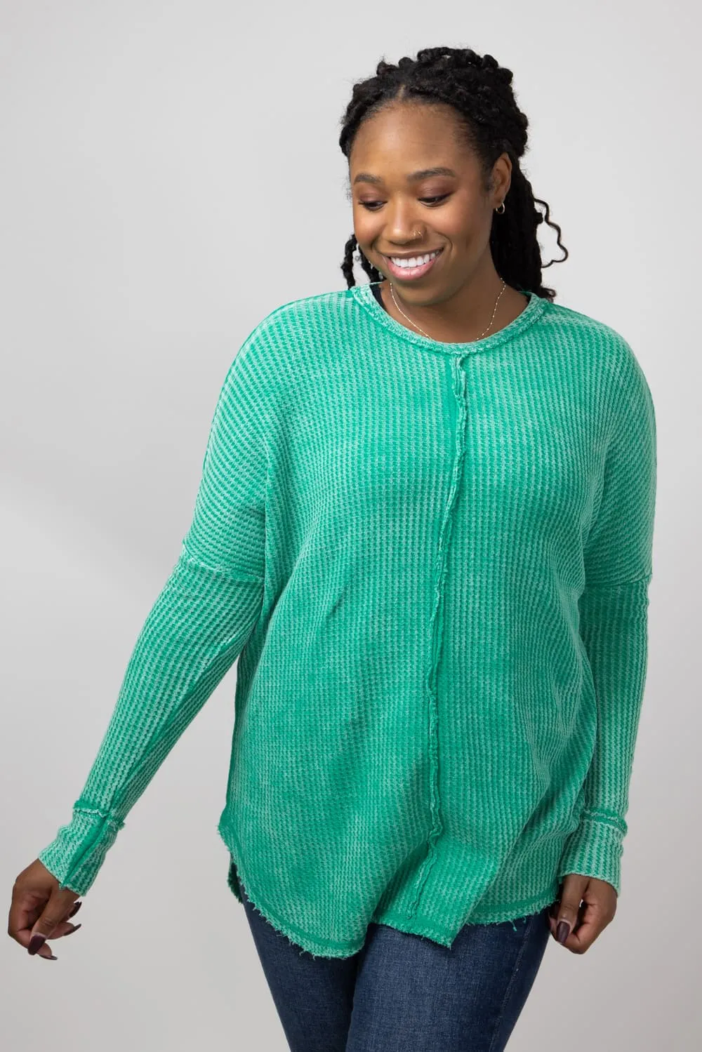 Washed Baby Waffle Oversized Knit Shirt for Women in K Green | CTW-3181D4-KGREEN