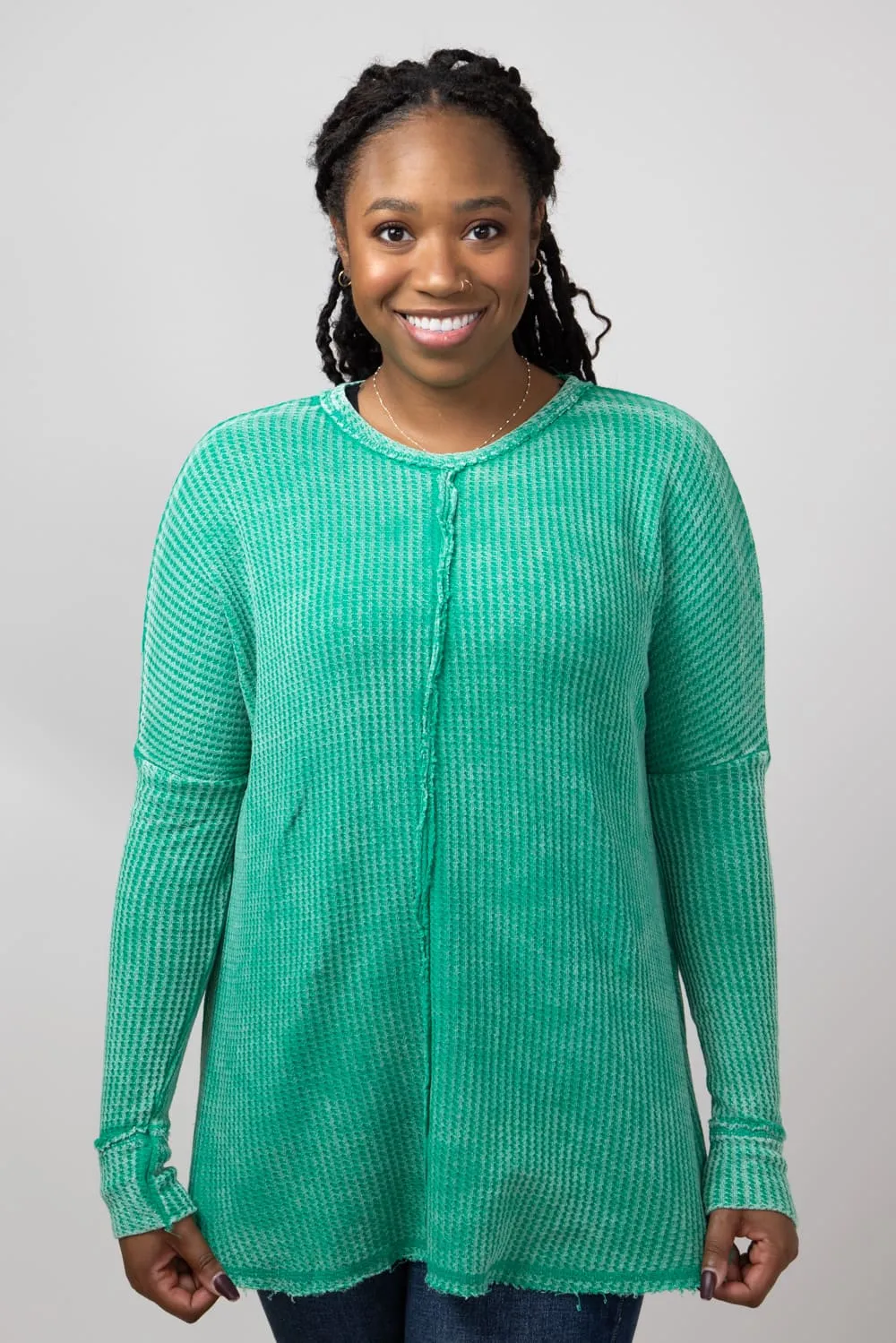 Washed Baby Waffle Oversized Knit Shirt for Women in K Green | CTW-3181D4-KGREEN