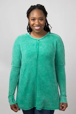 Washed Baby Waffle Oversized Knit Shirt for Women in K Green | CTW-3181D4-KGREEN